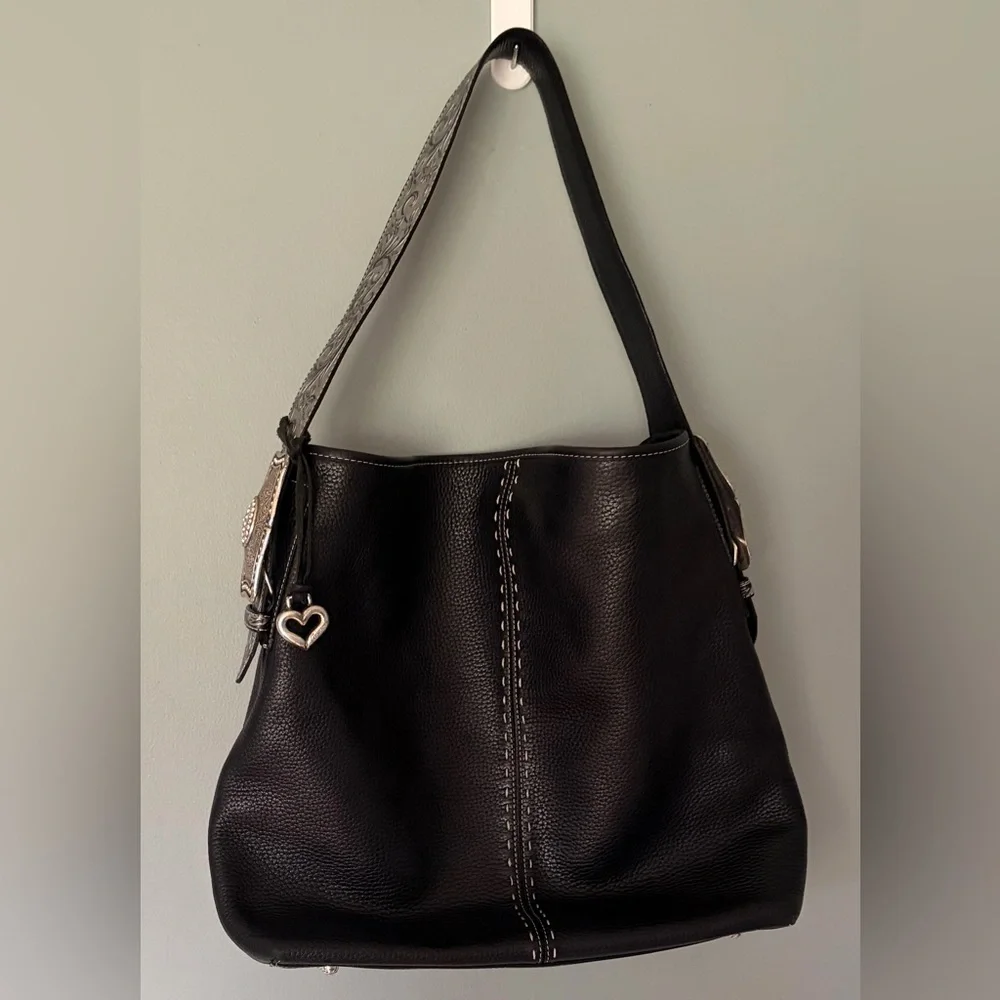 Brighton Black Concho Leather Women’s Shoulder Bag with Decorative Silver Strap
